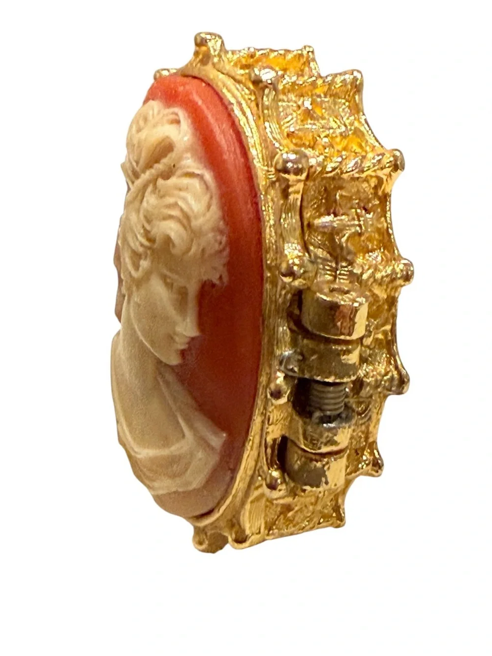 Vintage England cameo Trinket Box | Gold Tone Hinged Vanity Pill Box